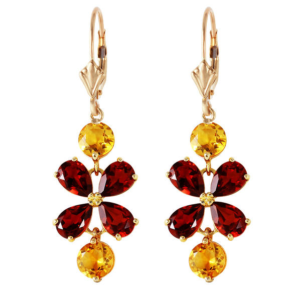 14K. GOLD CHANDELIERS EARRING WITH GARNETS & CITRINES (Yellow Gold)